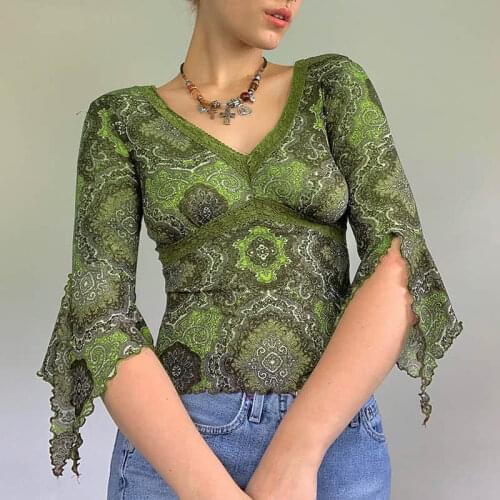 2021 autumn and winter fashion sexy lace retro print V-neck low-cut flared sleeve mesh top