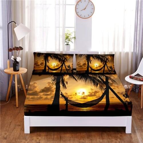 Sunset Beach Digital Printed 3pc Polyester Fitted Sheet Mattress Cover Four Corners with Elastic Band Bed Sheet Pillowcases