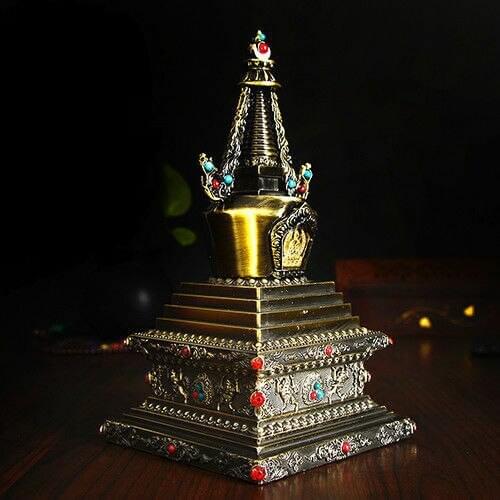 Tibet Tibetan Buddhist Crystal Stupa Buddha Tower Gilt Bodhi Buddhism 7"Cyan