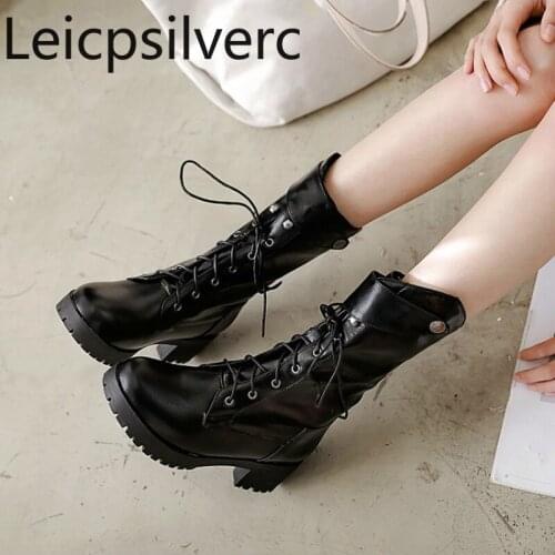 Spring and autumn New Round head Lace-up Metal Decoration Thick heel mid heel Middle tube Womens Martin boots plus size 34-43