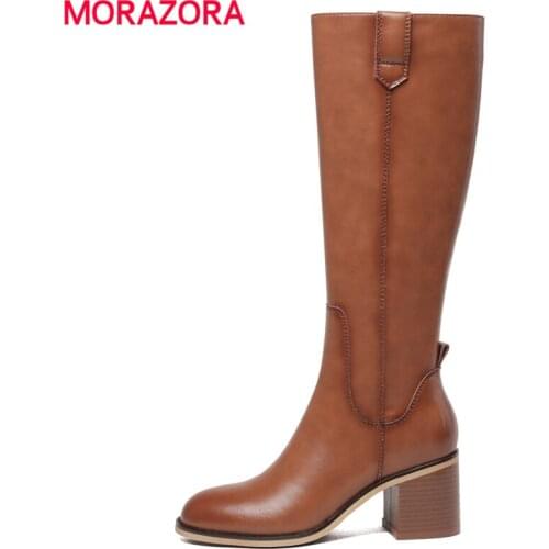 MORAZORA 2022 New Genuine Leather Boots Women Brown Square High Heels Knee High Boots Fashion Winter Knight Botas Female Shoes