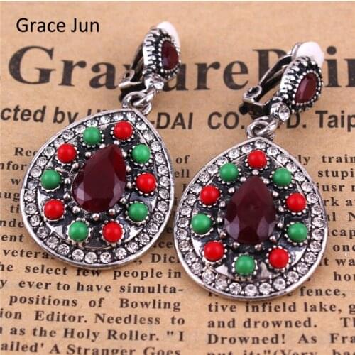 Grace Jun Vintage Silver Plated Rhinestone Resin Clip Earrings Non Piercing Wedding Earrings for Women Fashion Bohemian Style