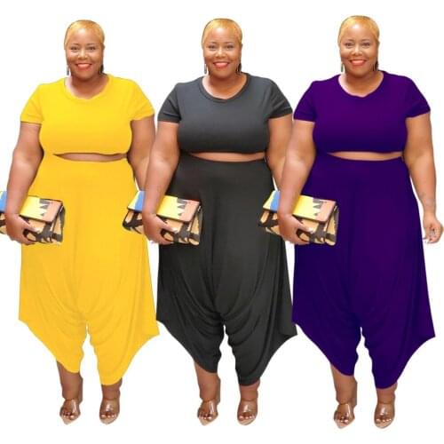 Plus Size Womens Trouser Suit 4xl 5xl Casual Round Collar Fashion Two Piece High Waist Loose Harem Pants Wholesale Dropshipping