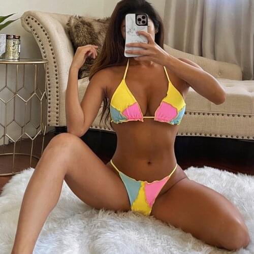 New Ruffle Patchwork Bikini Strap Halter Womens Swimsuit 2021 Push Up Swimwear Micro Thong Bathing Suit Sexy Biquini Summer