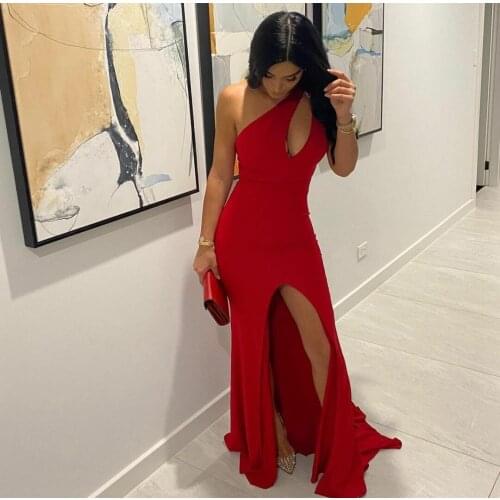 Sexy Long One Shoulder Mermaid Evening Dresses with Slit Open Zipper Back Satin Red Abendkleider Robes De Soirée for Women