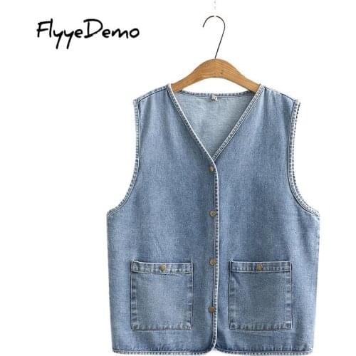 Autumn Denim Vest Women Casual Coat Vintage Cardigan Jean Sleeveless V Neck Single Breasted Brand Woman Clothing Plus Size