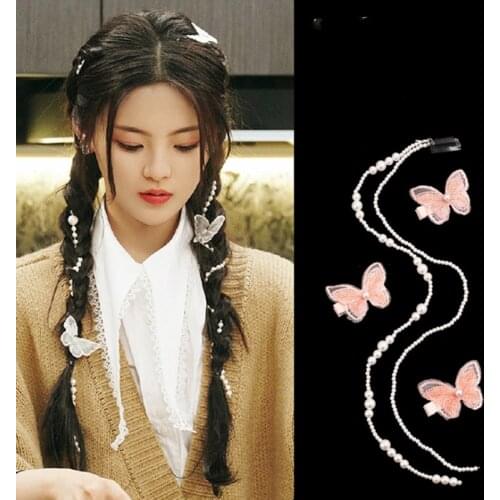 2Pcs/Set Baby Girls Shiny Butterfly Hair Clips Children Pearl Tassel Hair Braiding Chain +Flower Bow Clips Kids Hair Accessories
