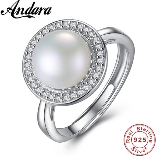 Brand New Adjustable Pearl Rings Real 100% Sterling Silver Zircon Ring For Women Party Gift