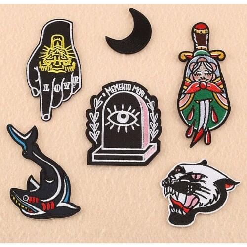 Black European and American punk style embroidery patch iron moon gesture leopard logo badge on clothes washable