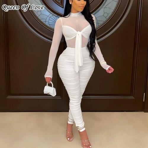 Sexy Mesh Long Sleeve Rompers Womens Jumpsuit Long Pant Outfits 2021 New Fashion Elegant Club Party One Piece Stacked Pants