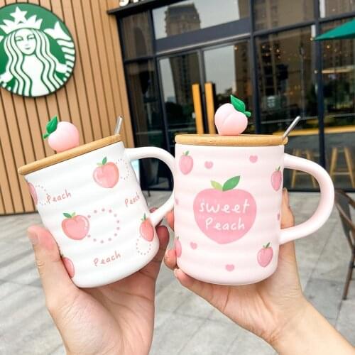 Cute peach water cup Mug with spoon ceramic cup with lid coffee juice milk mug office tea cup