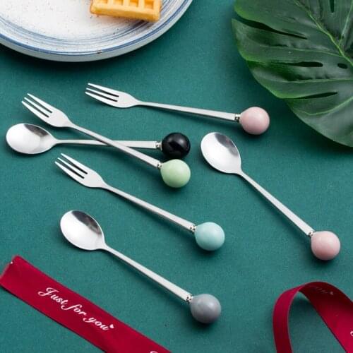 Macaron color ceramic handle spoon Japanese and Korean Creative stainless steel fruit fork dinnerware dinner set