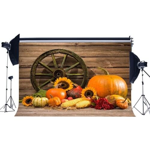 Autumn Harvest Backdrop Vintage Old Wheel and Pumpkin Backdrops Sunflower Retro Stripes Wood Floor Photography Background