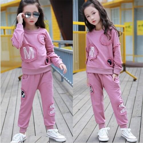 3-15T Girl Clothes Set Floral Children Suit Casual O-Neck Long Sleeve Solid Lace Cotton Clothing Tracksuits 110-170