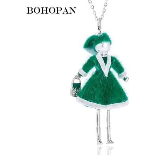 Bohopan Handmade Exquisite Doll Necklace Green Dress Handbag Pendants Neck Jewelry Silver Long Sweater Chain Pearl Design Gifts