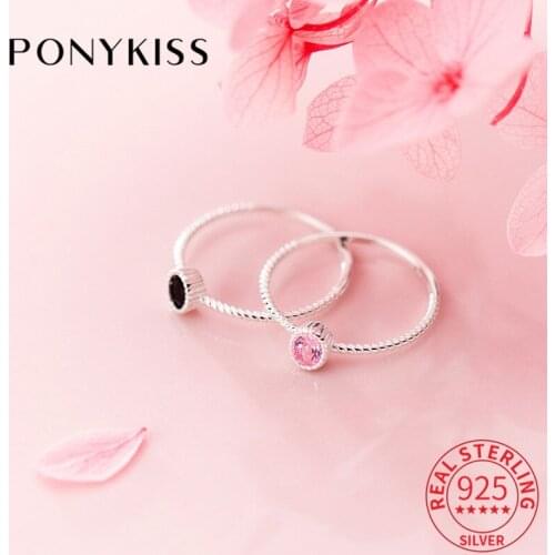 PONYKISS Trendy S925 Sterling Silver Sweet Pink and Black Zircon Ring for Women Fine Jewelry Accessory Party Minimlist Gift