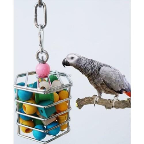 Parrot Stainless Steel Foraging Toy Bird Cage Hanging Chew Toy with Block Inside for African Grey
