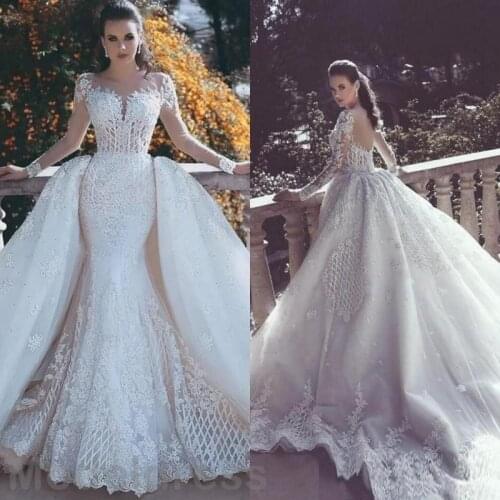 Luxury Lace Mermaid Wedding Dresses 2023 Illusion Neck Long Sleeve Detachable Train Appliques Beaded Plus Size Bridal Gowns