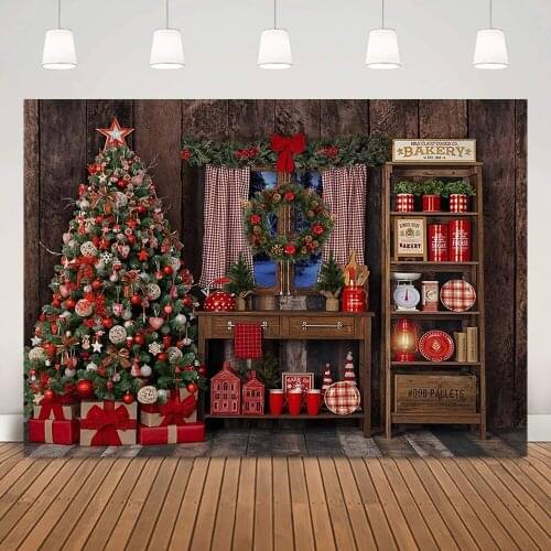 Christmas Photography Backdrop Winter Windows Christmas Trees Photo Shoot Kitchen Cupboard Background Decorations Wreath Gifts