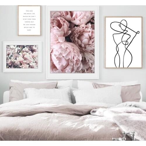 Pink Flower Rose Peony Lovers Curve Quote Wall Art Canvas Painting Nordic Posters And Prints Wall Pictures For Living Room Decor