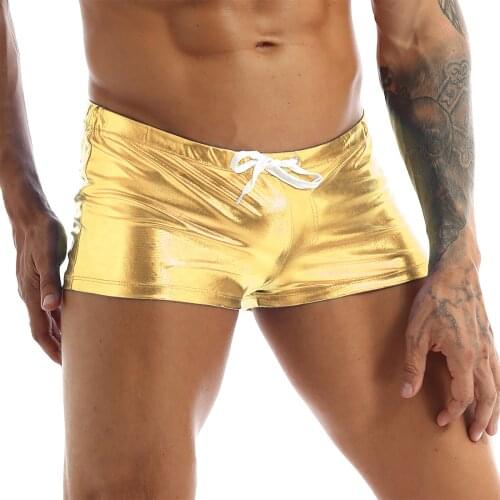 Mens Shiny Patent Leather Adjustable Drawstring Lounge Panties Wetlook Lingerie Bottoms Underwear Elastic waistband Boxer Shorts