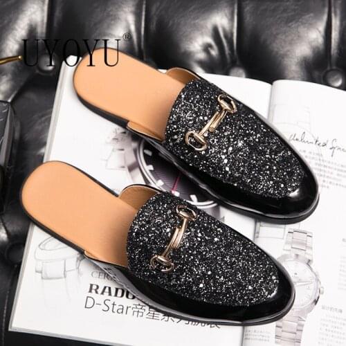 Fashion Men Half Loafers Genuine Leather Slippers Bling Loafer Slides Breathable Mules for Man Outdoor Lightweight Half Shoes