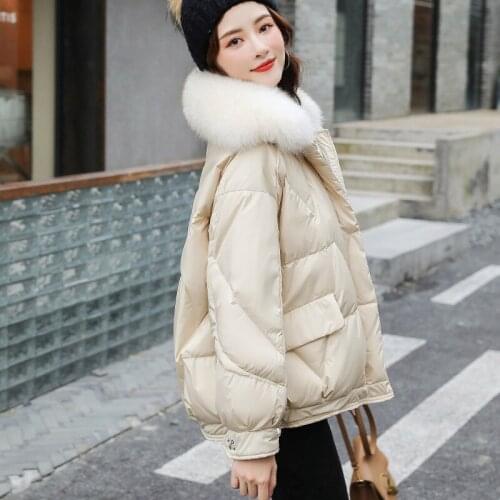 Womens Short Winter Warm Coat 2021 Korean Fashion 90%Down Content Thickened White Duck Down Jacket Women Big Fox Fur Collar