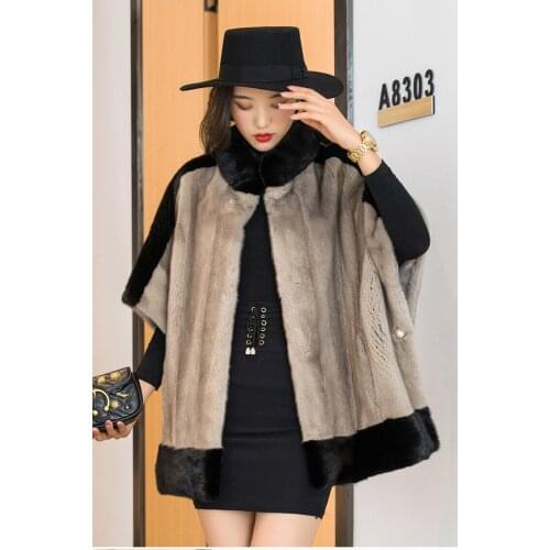 Winter women natural mink fur jacket female mink shawl bat sleeves coat stand collar cloak