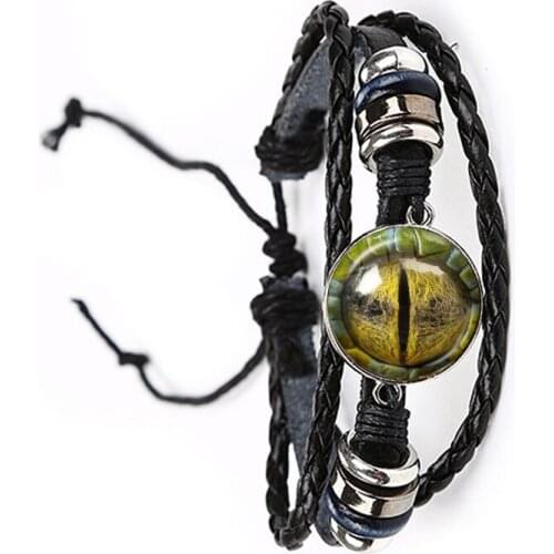 1PC Dragon Eyes Glass Cabochon Leather Bracelet Animal Eyes Dragon Snake Owl Cat Tiger Eyes Bangle For Women Men Fashion Gift