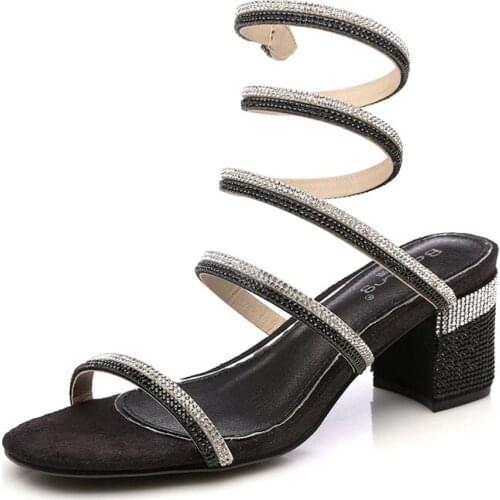 2018 New Summer Fashion Suede Thick High Heel Sandals Rhinestones Open Toe Black Womens Shoes