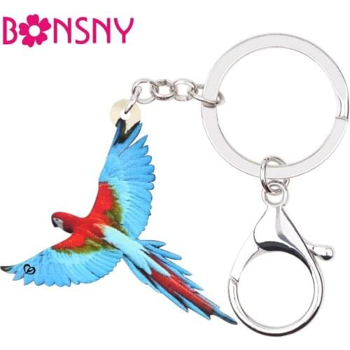 Bonsny Acrylic Flying Red-and-green Macaw Parrot Key Rings Fashion Design Bird Jewelry For Women Girls Lovers Charm Decoration