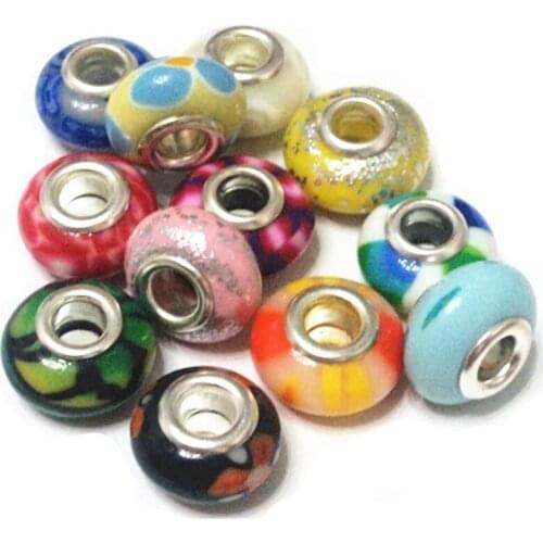 15 pieces multi color soft ceramic big hole loose beads,14mm beads in 6mm hole,sterling silver cord for fashion jewelry use