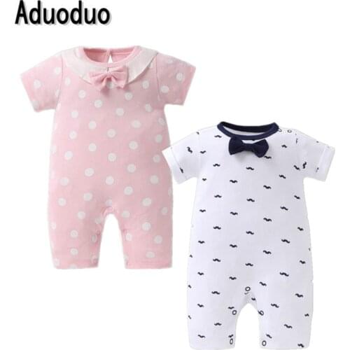2019 summer Baby girls pink romper one-pieces jumpsuit baby boys clothes Cotton short sleeve bodysuit bot cravat printed outwear