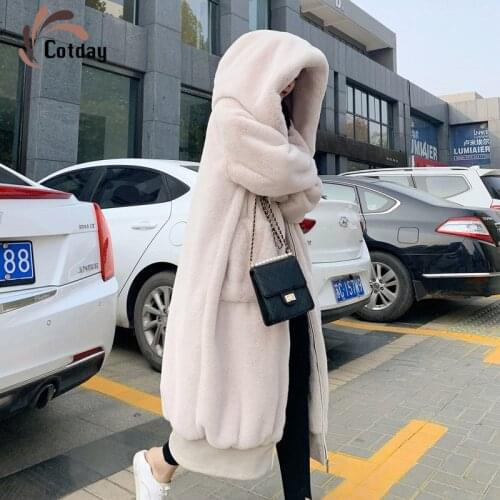 Cotday Faux Fur Long Loose Pockets Mink Zipper With Hooded 2020 Best High Winter Warm Street Jacket Thick Plus Outwear Pur Coat