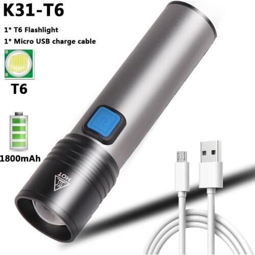 USB Rechargeable LED Flashlight With T6 LED Built-in 1200mAh lithium battery Waterproof camping light Zoomable Torch