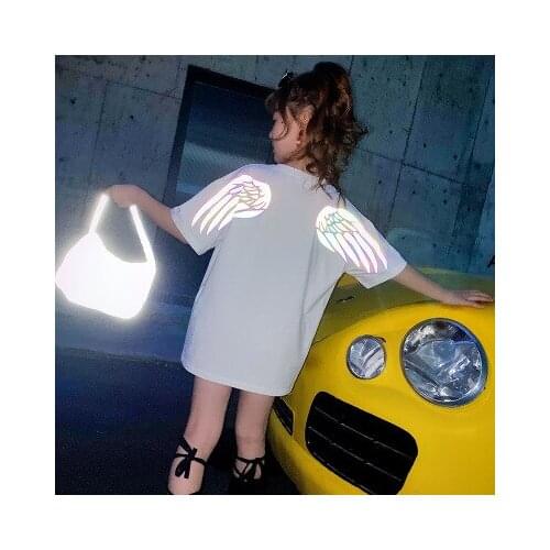 5-10 years old girl wings reflective printing T-shirt new big childrens shirt short-sleeve fashion hip-hop style girl T-shirt