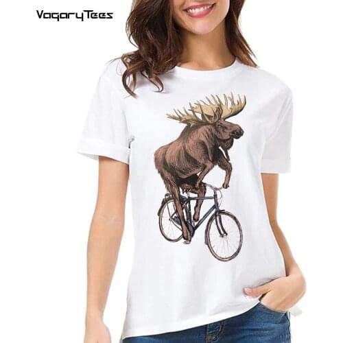 Retro Moose Lovers Riding Fixed Gear Bikes Print Womens T-Shirt Funny Animal Bicycles sports Design Casual Hip Hop girl Tees