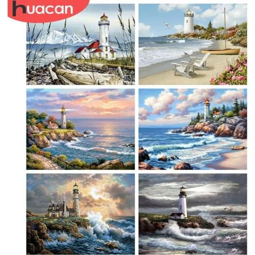 HUACAN Full Square/Round Drill Diamond Painting 5d Seaside Lighthouse DIY Diamond Embroidery Landscape Wall Art Handicraft