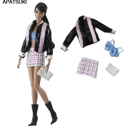 Black Fashion Doll Clothes Set for Barbie Doll Outfits Accessories Coat Bra Skirt & Handbag Purse For 11.5" BJD Kids Toys 1/6