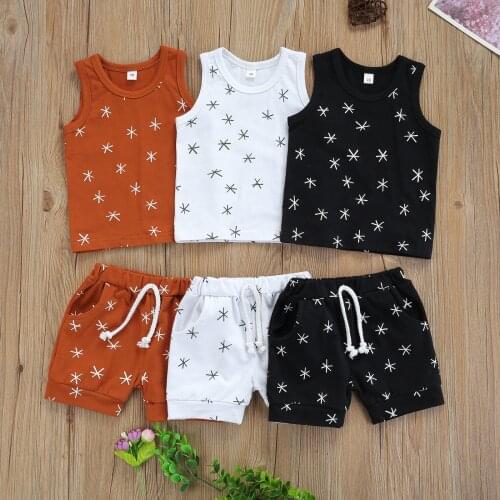 2Pieces Cotton Casual Kids Suit Set Unisex Star Print Round Collar Sleeveless Pullover+Short Pants for Summer Toddler Clothes