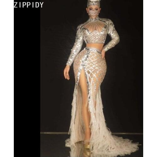 Flashing Silver Sequins White Fringe Long Train Birthday Celebrate Prom Transparent Dress Women Dancer Show Costume