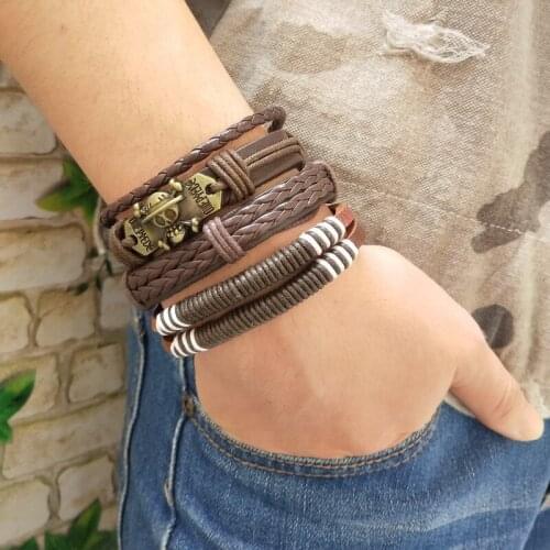 Fashion Weave Vintage Cuff Beads Skull Leather Anchor Infinity Charm Black Male Men Bracelets Women Female Jewelry Accessories