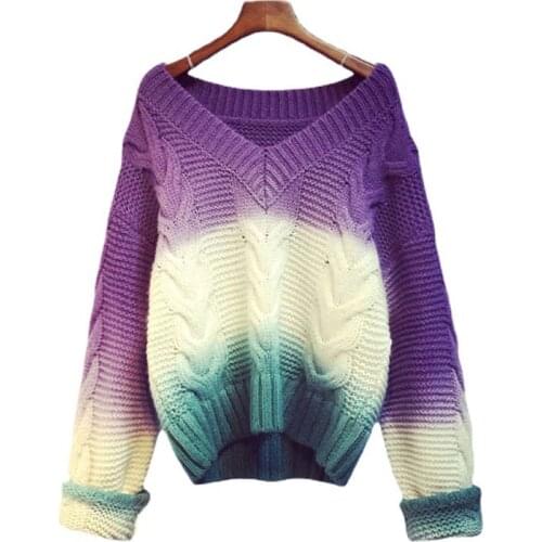 Fashion Gradient V-neck Knitted Pullovers Chic Contrast Color Loose Casual Outerwear Sweater Woman 2021 New Lazy Autumn Jumpers