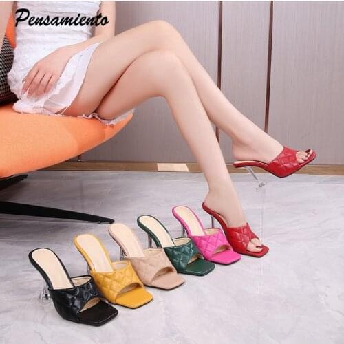 Ins Style Summer Candy colors Women Slippers Fashion Square toe crystal Clear heeled Slides 9cm High heels Female Mules Shoes