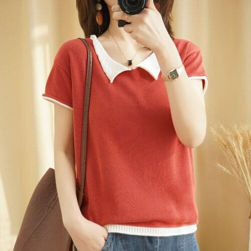 2020 new V-neck cotton and linen knitted short-sleeved womens pure cotton T-shirt loose solid color top half sleeve pullover