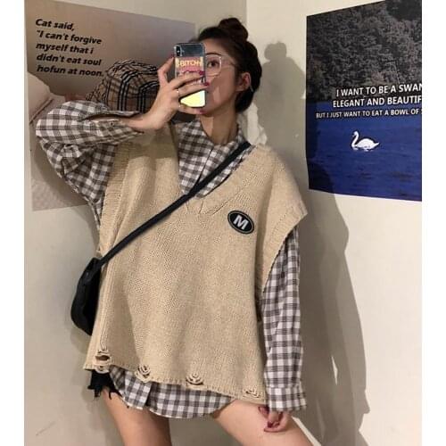 One-Piece/Suit,Shirt Spring And Autumn 2020 New Loose Long-Sleeved Plaid Shirt + Knitted Vest Two-Piece Female
