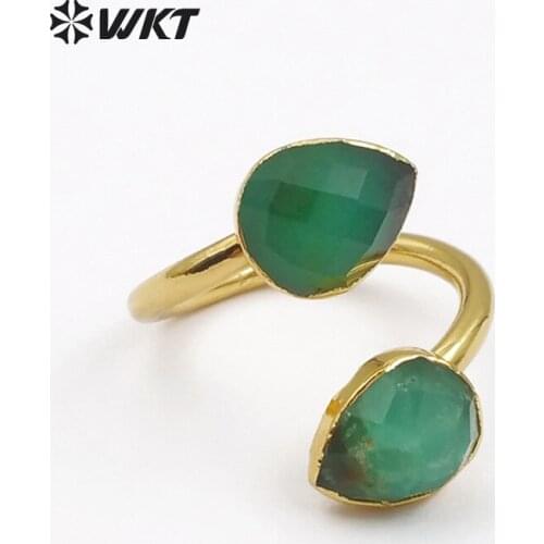 WT-R316 Wholesale Natural Chrysoprase Stone Rings Double Water Drop Faceted Green Stone With Gold Trim Women Elegant Rings
