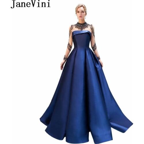 JaneVini Luxury Beaded Crystal Long Sleeves Bridesmaid Dresses A Line High Neck Illusion Back Satin Prom Party Gowns Sweep Train