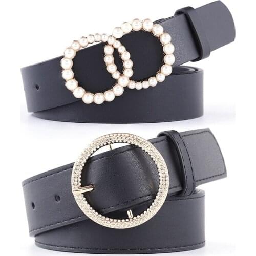 Luxury Leather Belt Women Waist Black Belts For Dresses Jeans Woman Pearl Studded Buckle Girls Ladies Fashion Decorative