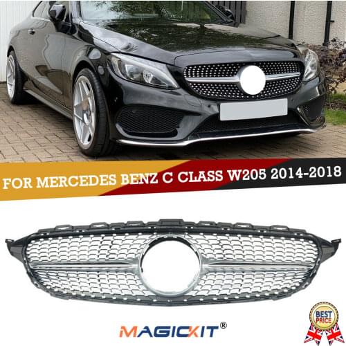 MagicKit Silver Radiator Hood Grille Diamond For 15-18 Mercedes W205 C250 C300 AMG Style